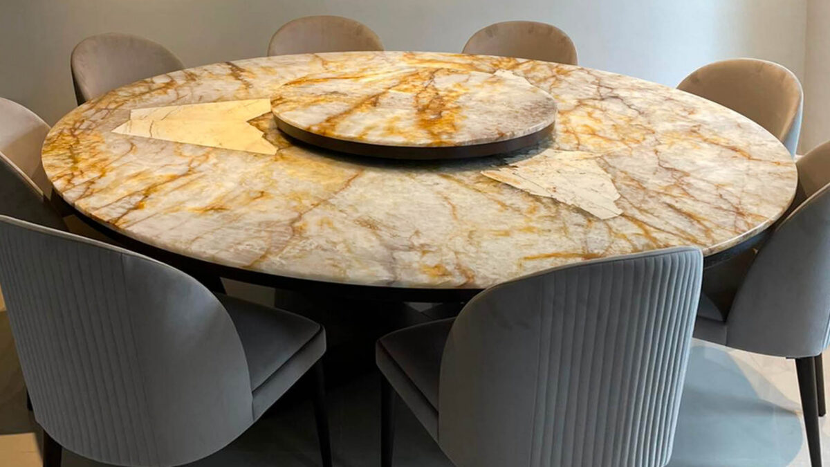 Table ronde en granit Patagonia Lignac avec plateau tournant