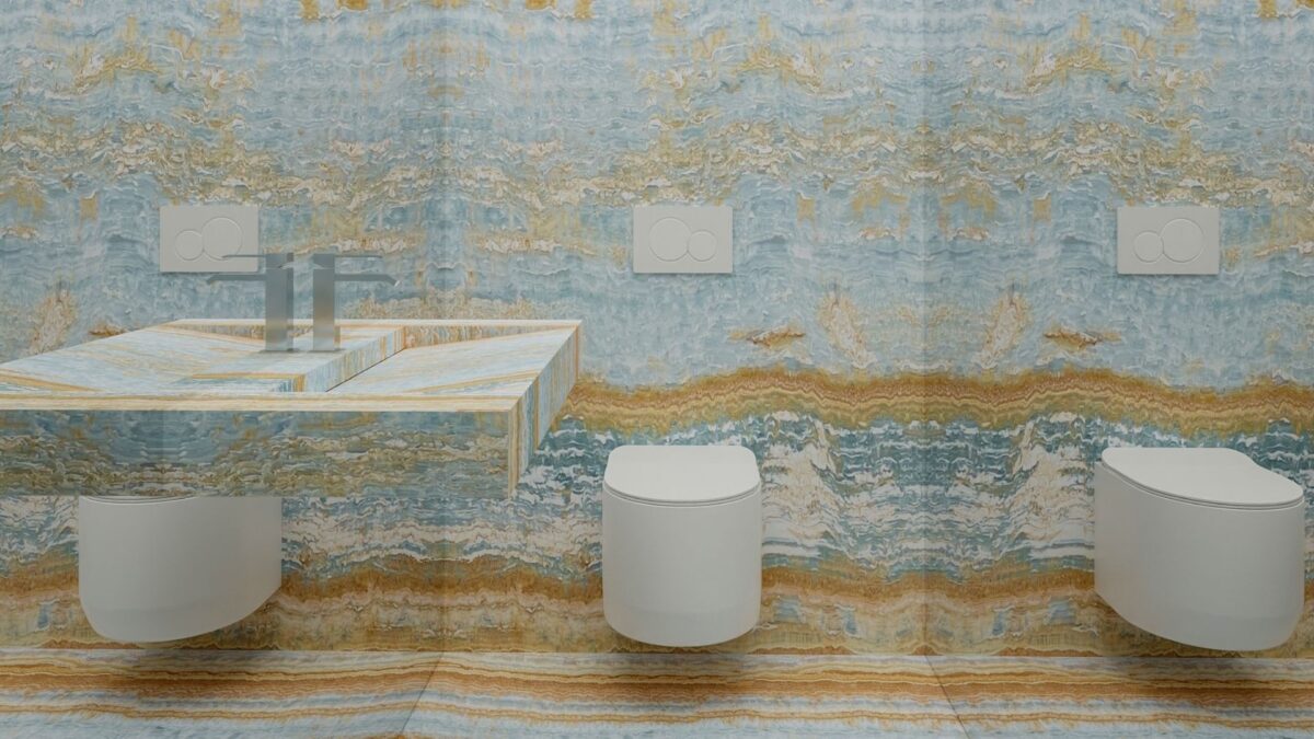 Salle de bain habillée d'onyx bleu et doré avec deux vasques blanches