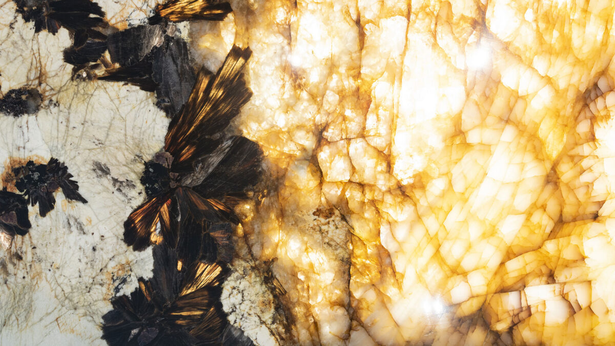 Gros plan sur une tranche de granit Patagonia rétroéclairée aux cristaux dorés et inclusions noires