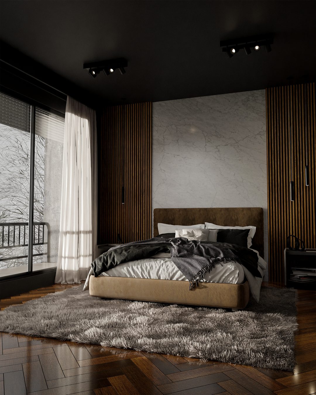 Chambre avec tête de lit en marbre Blanc de Carrare veiné et parquet en lames