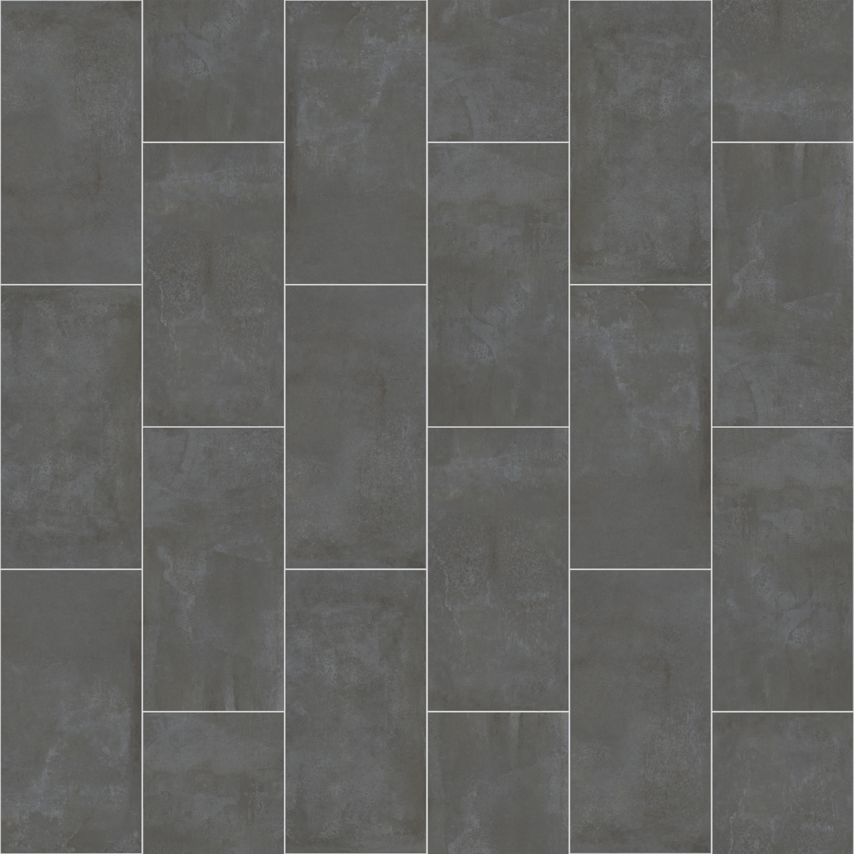 Carreaux rectangulaires gris foncé disposés en quinconce, aspect béton mat
