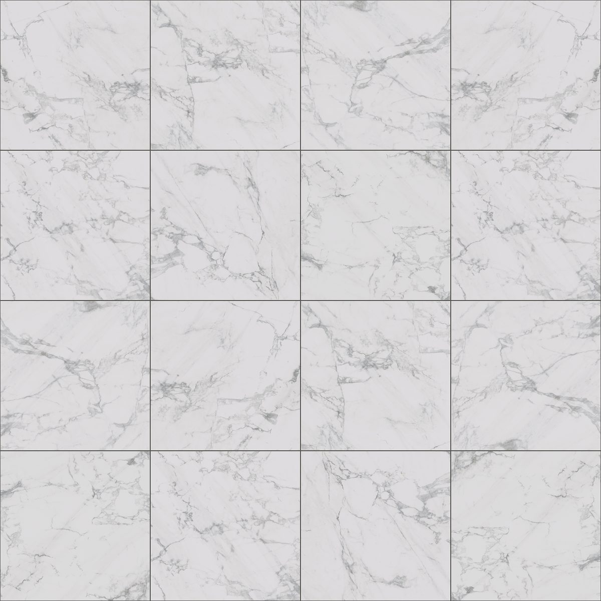 Carreaux de grès cérame aspect marbre blanc veiné de gris, joints fins