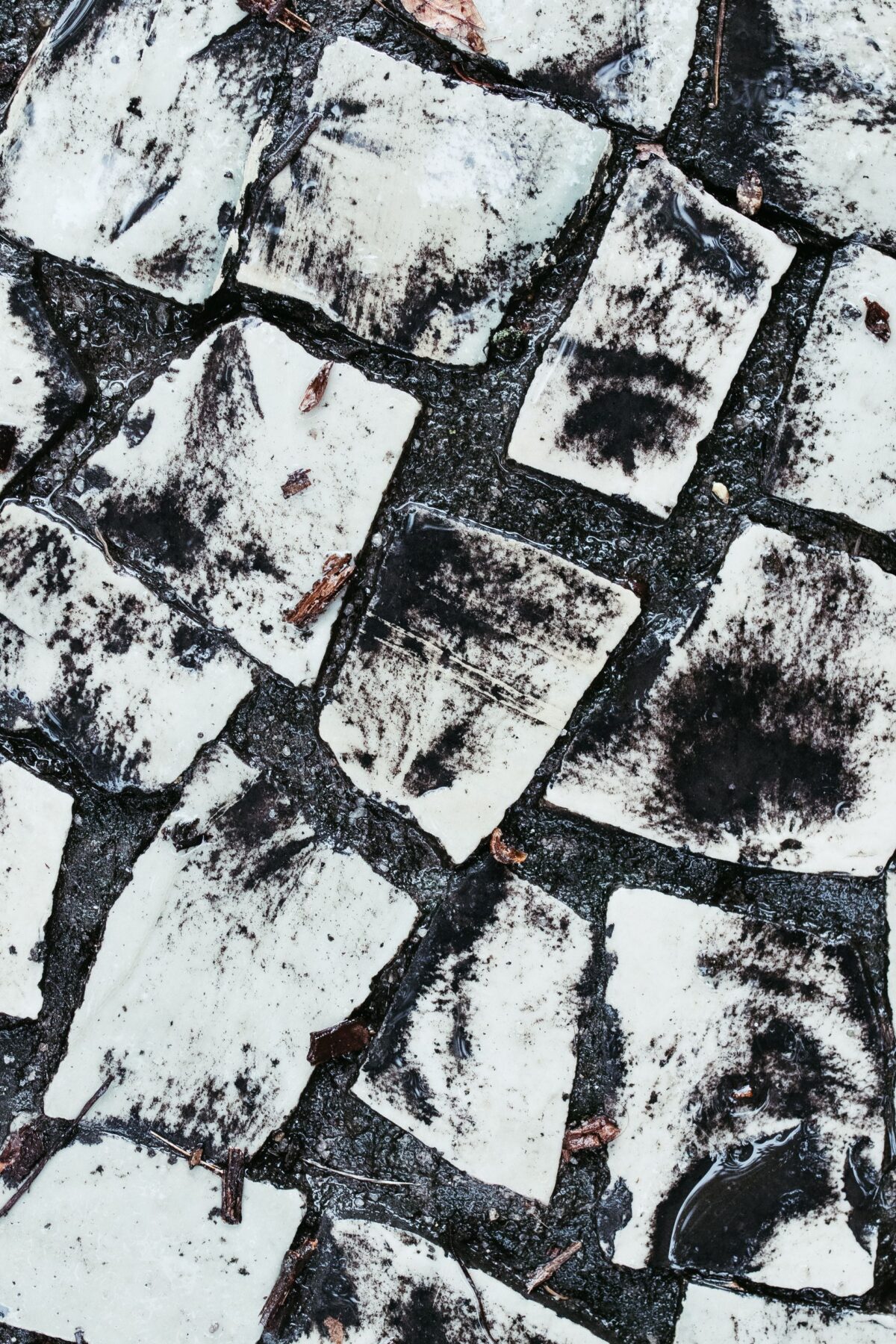 Sol en carreaux de ciment noir et blanc à motif fissuré et texture patinée