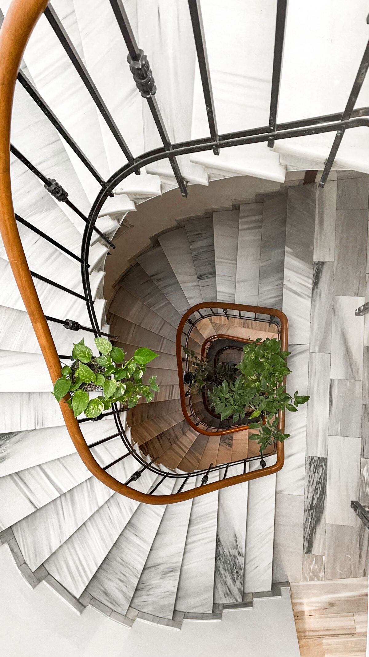 Escalier en colimaçon aux marches de marbre blanc veiné vu du dessus